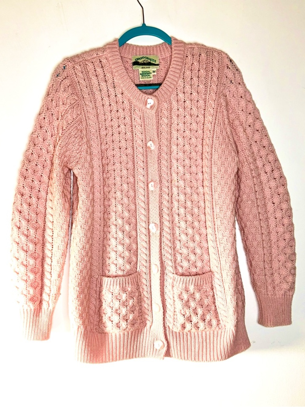ARAN CRAFTS Traditional Knit Cardigan - Rose Pink - SZ M